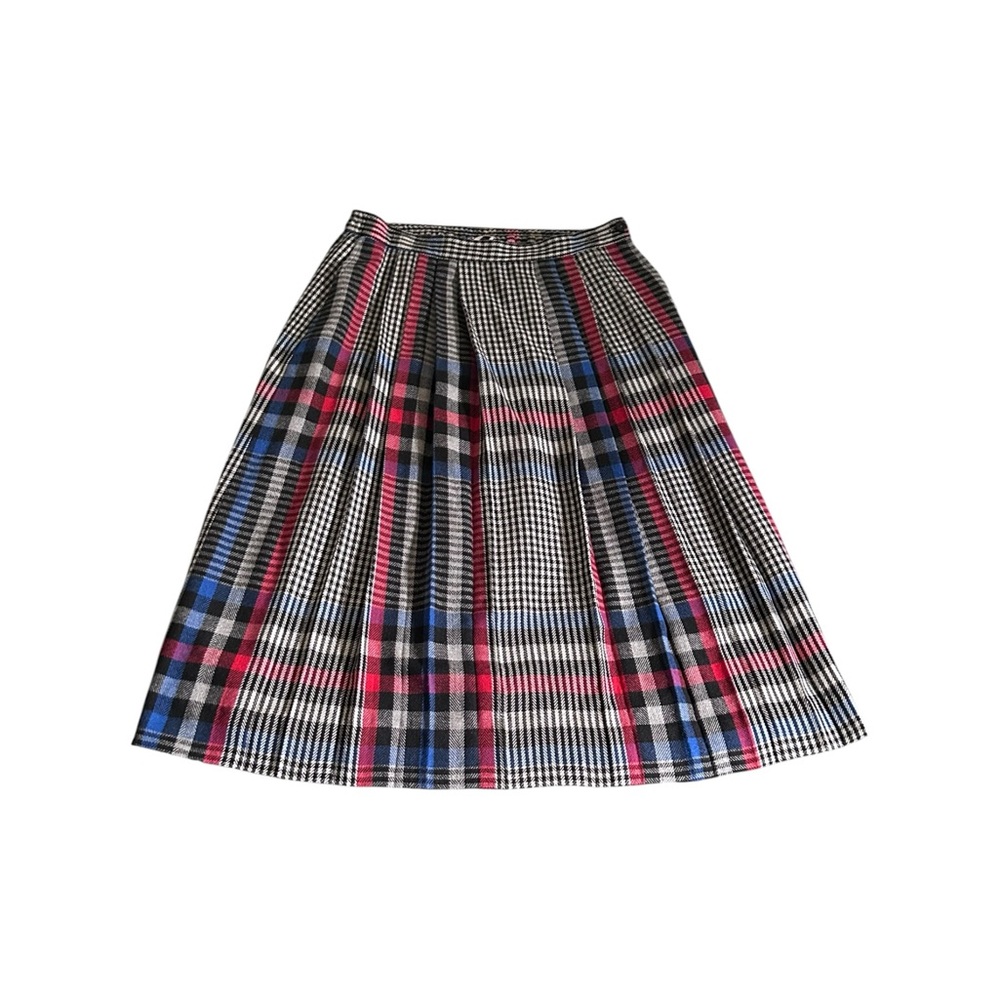 Vintage Plaid Wool Pleated A-Line Midi Skirt Retro Secretary Office Fall Size 12